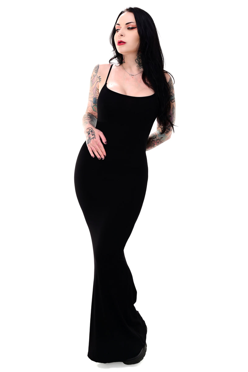 black ribbed bodycon maxi dress with adjustable straps and a slight bottom flare