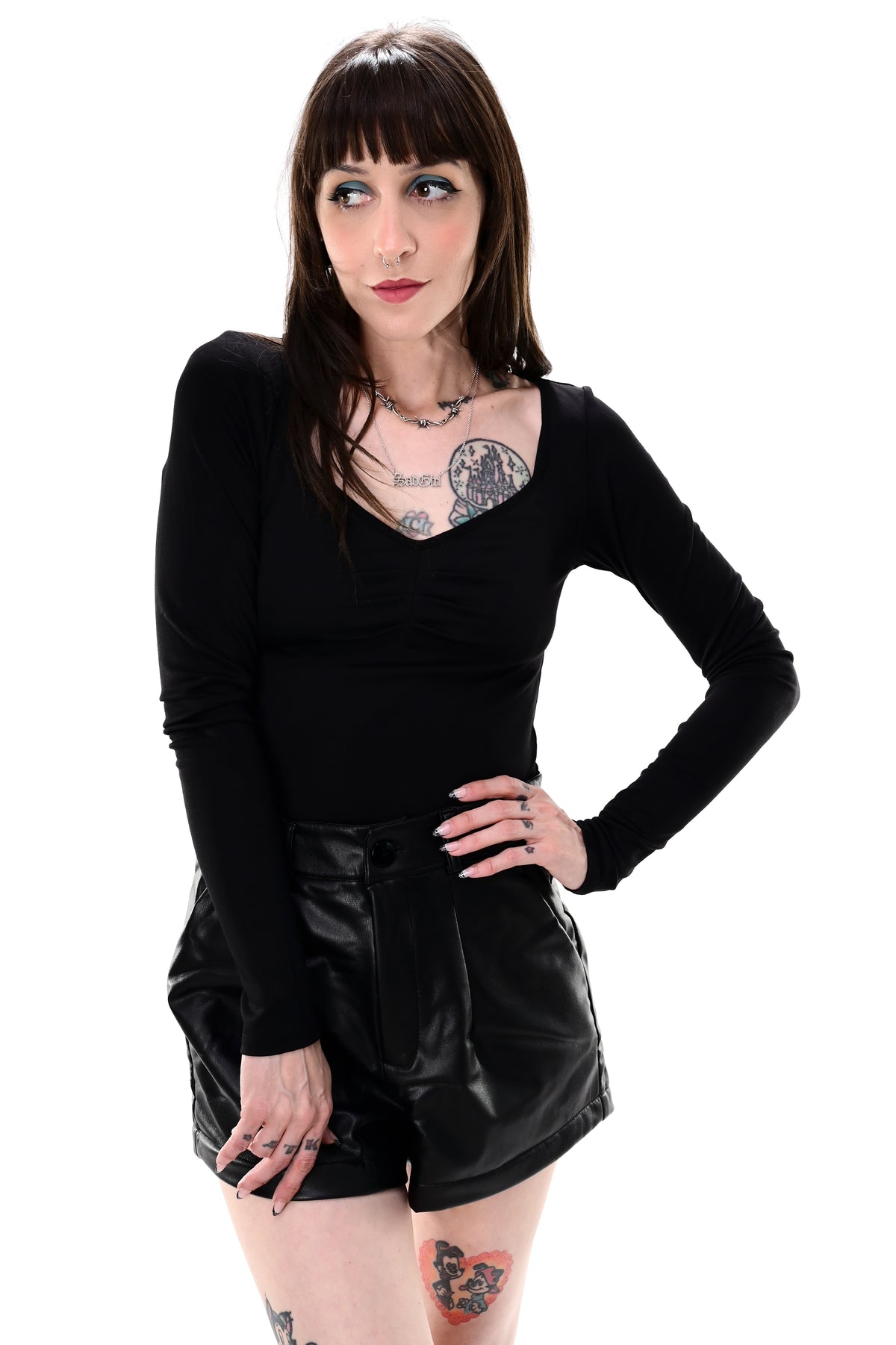 black long sleeve top with front ruching