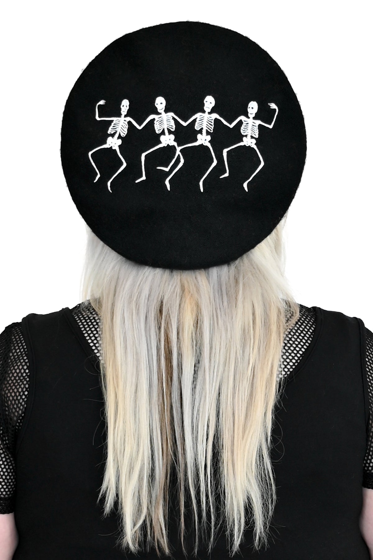black beret with embroidered dancing skeletons
