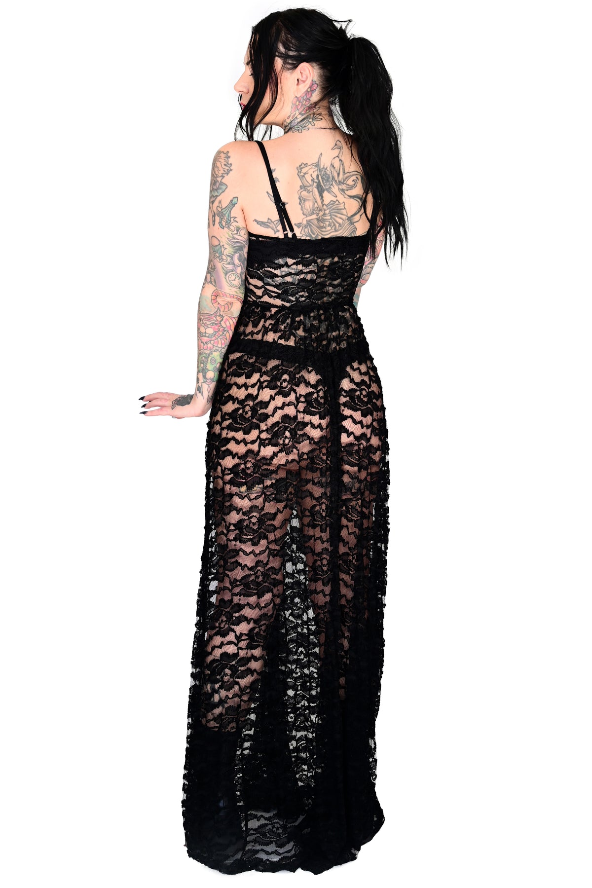 sheer lace maxi dress with spaghetti straps and side slit