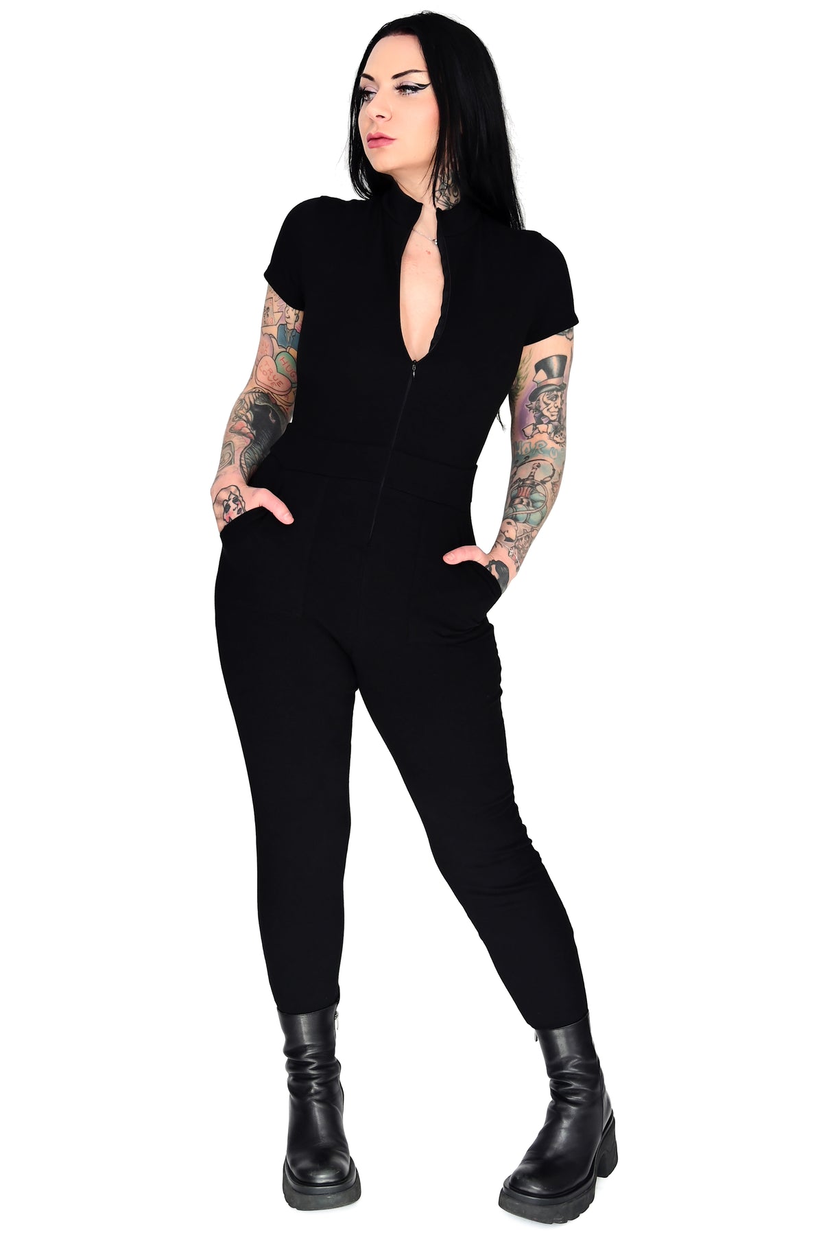 black full length short sleeve zip up jumpsuit