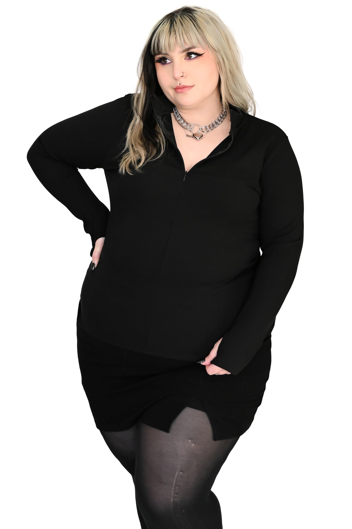 black ribbed long sleeve top with half zipper and thumbholes