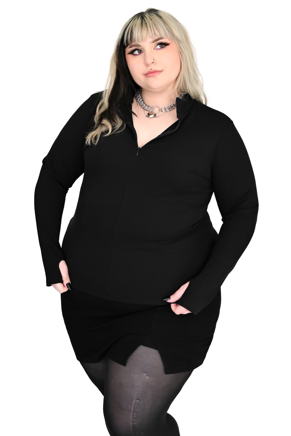 black ribbed long sleeve top with half zipper and thumbholes