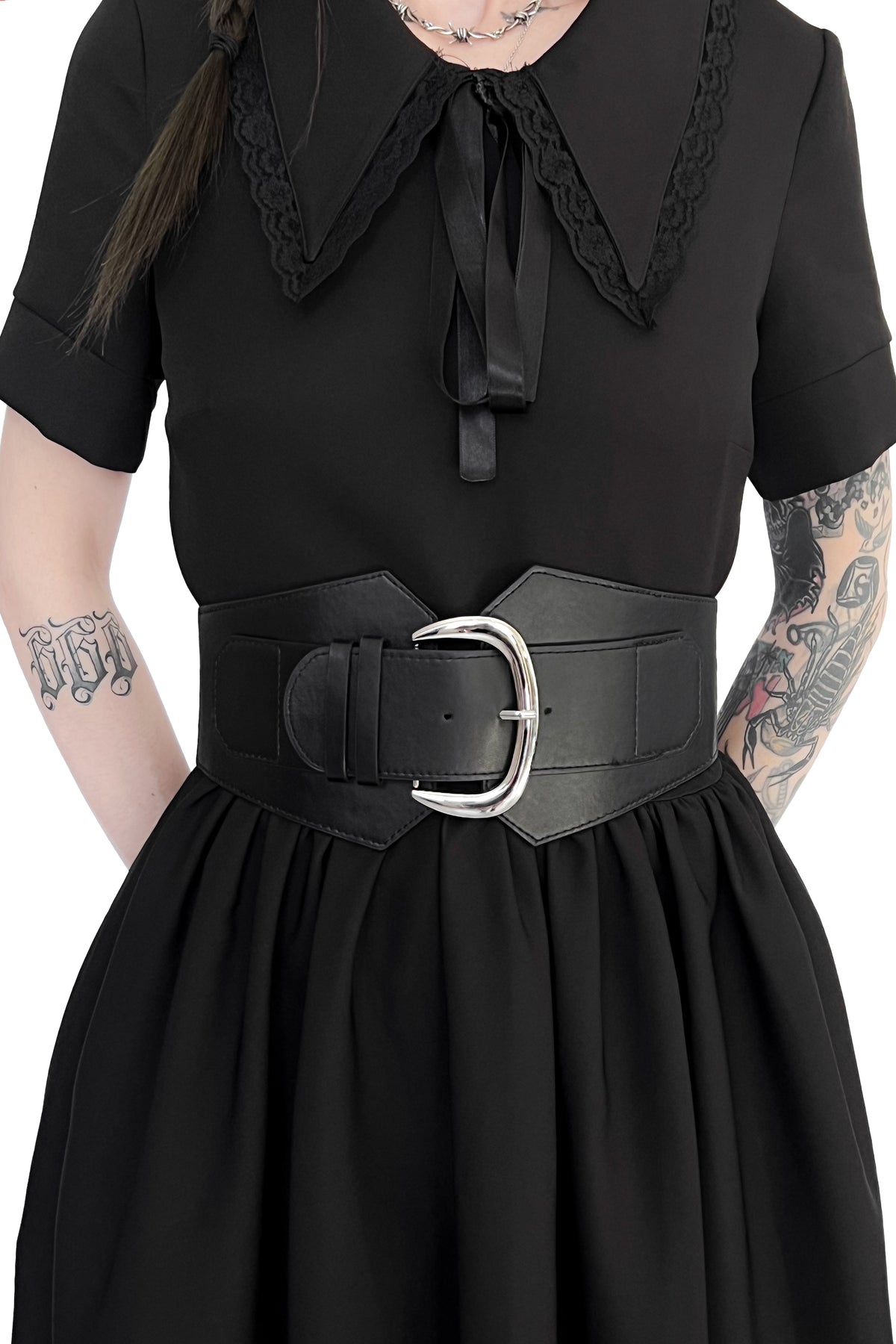 black vegan leather belt with large front buckle