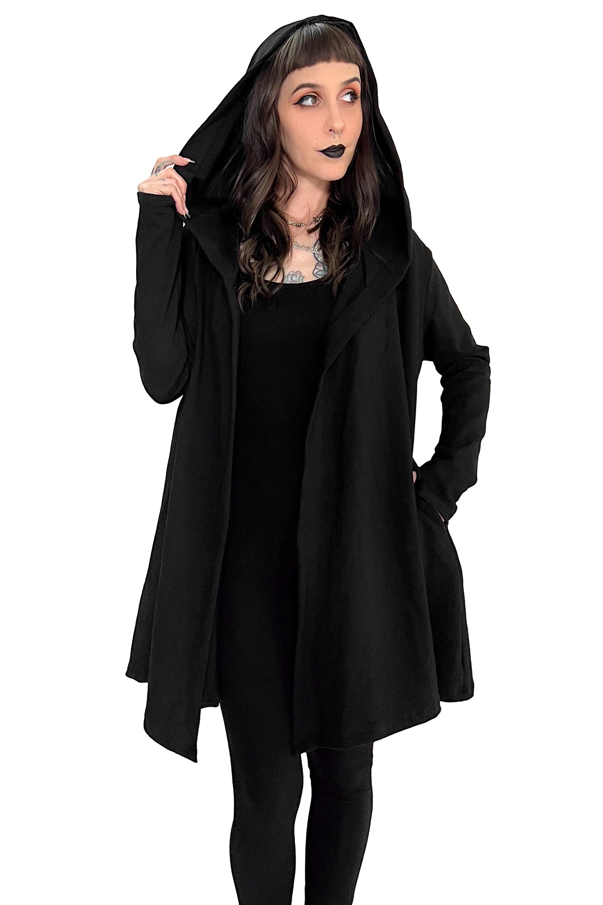 black hooded open front cardigan with thumbholes