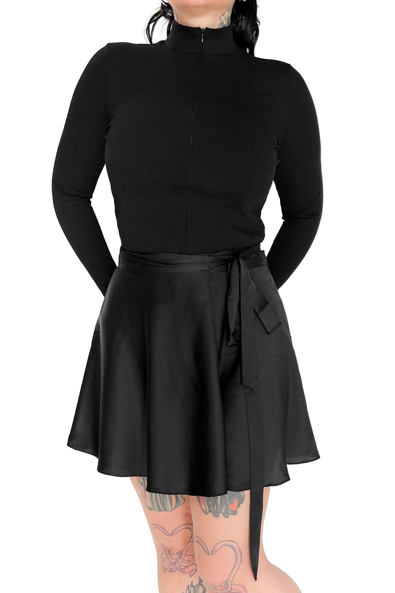 short black satin wrap skirt with adjustable waist ribbon tie