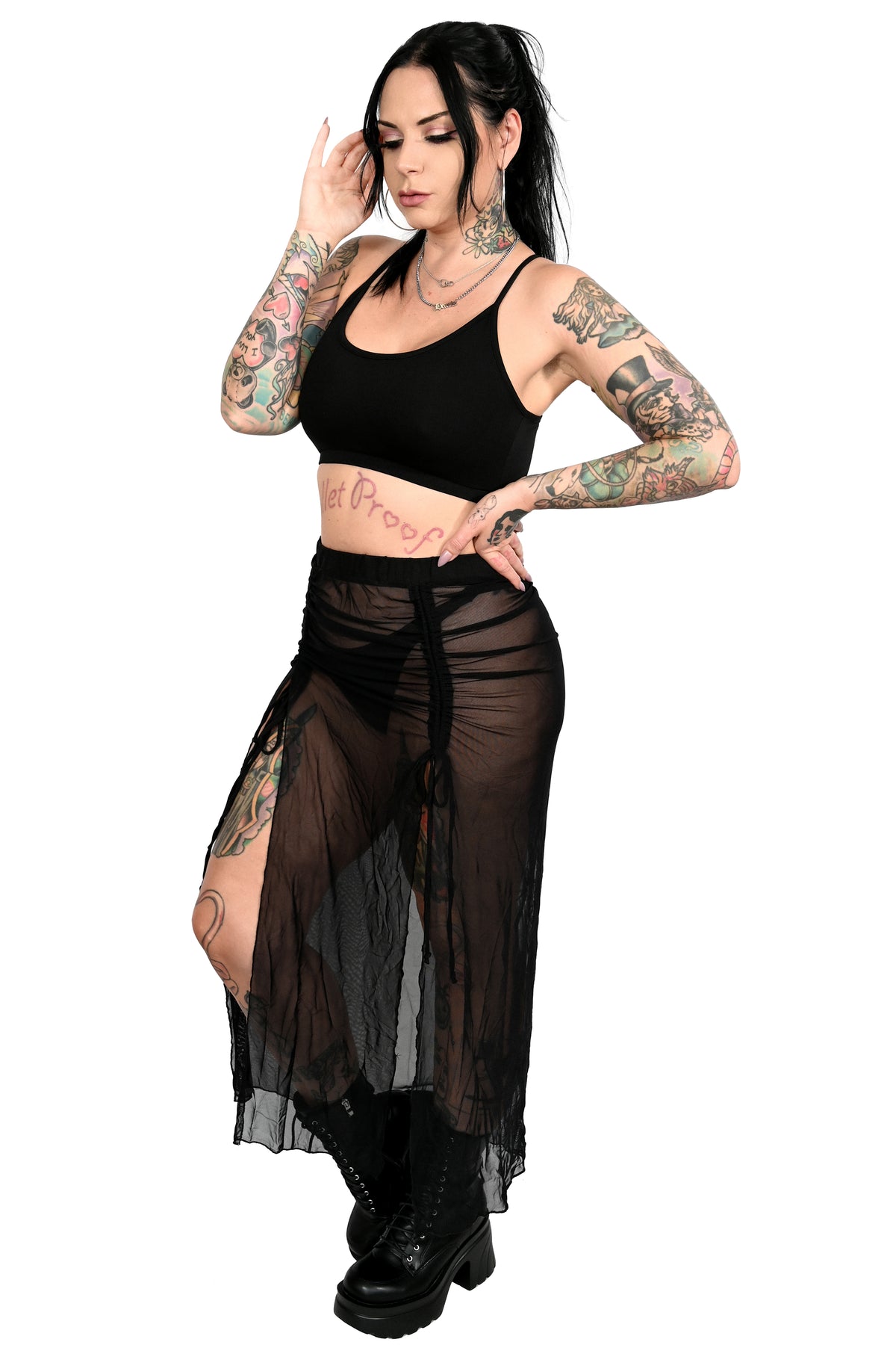 mesh maxi skirt with two adjustable ties in the front to wear this skirt as short or as long as you like