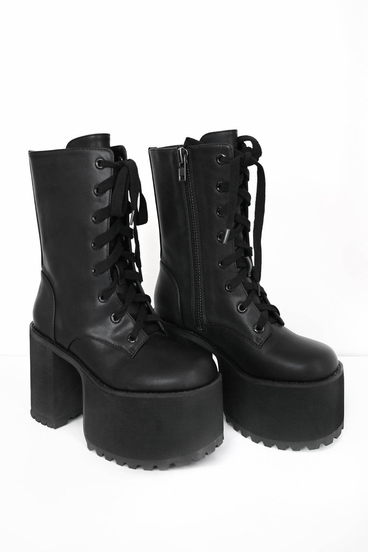 Black Vegan Leather Platform boot with a 4.5in heel, Black Eyelets and Dark Gunmetal Zipper