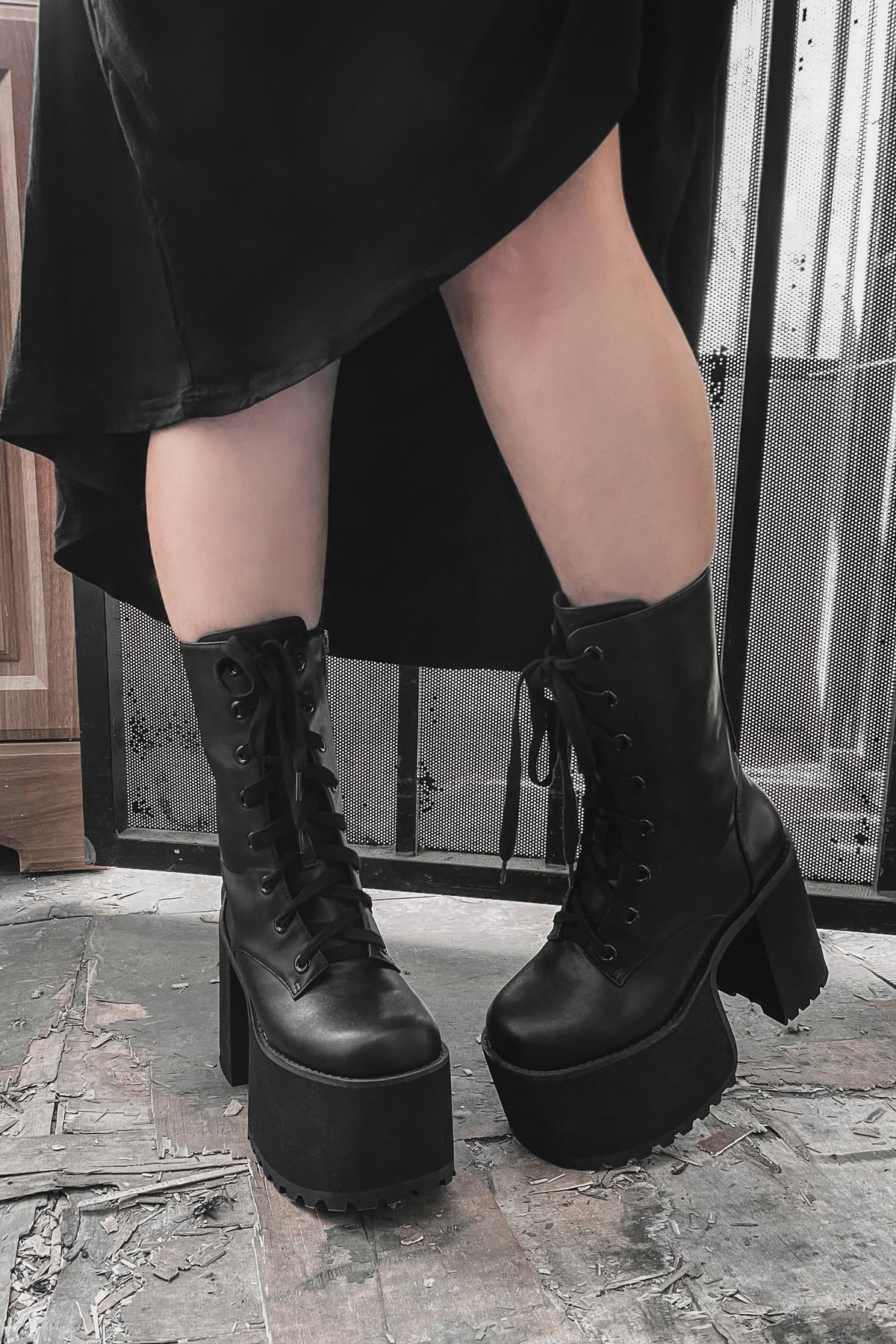 Black Vegan Leather Platform boot with a 4.5in heel, Black Eyelets and Dark Gunmetal Zipper