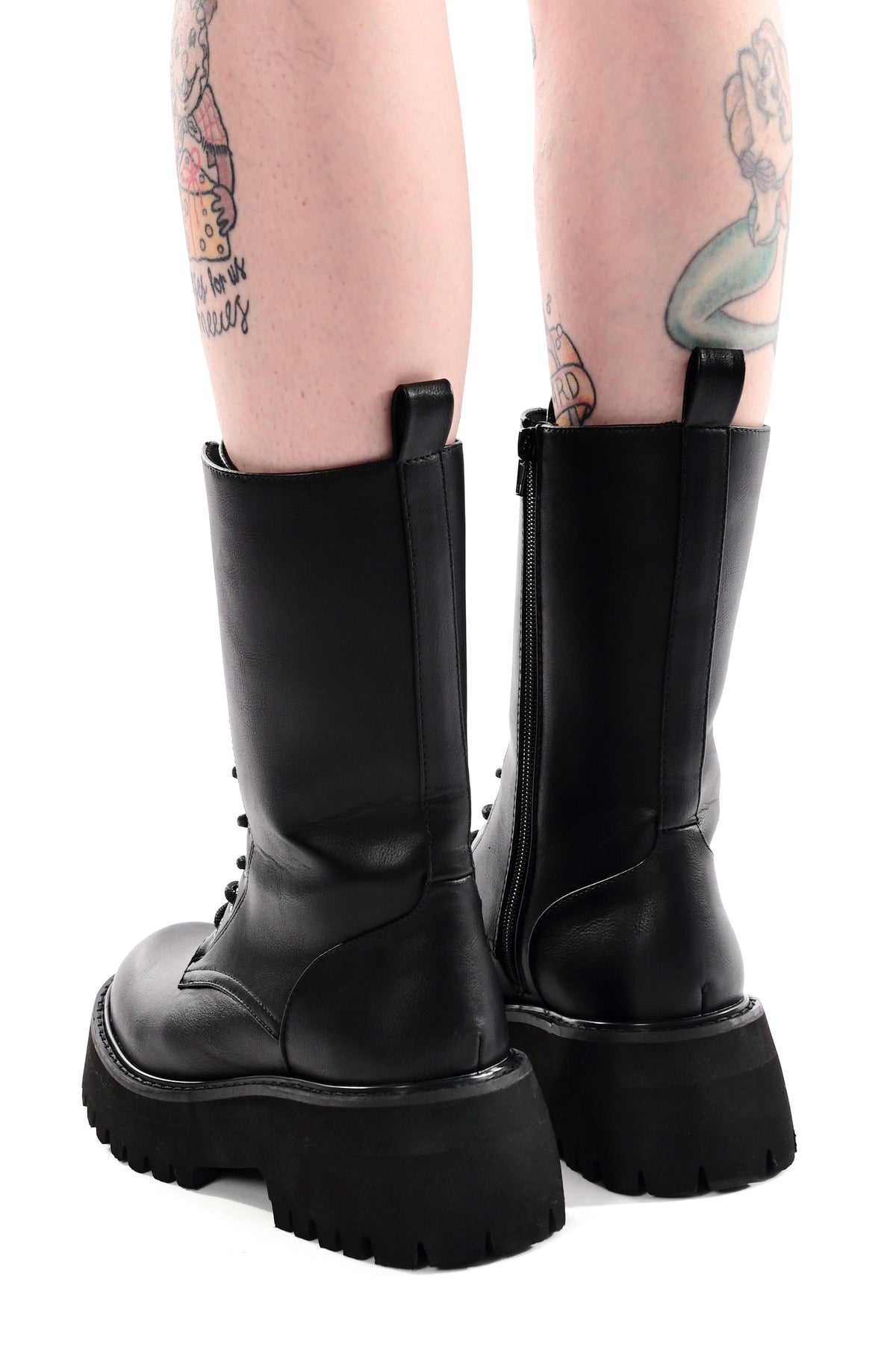 black vegan leather combat boots with lace up front and chunky platform sole