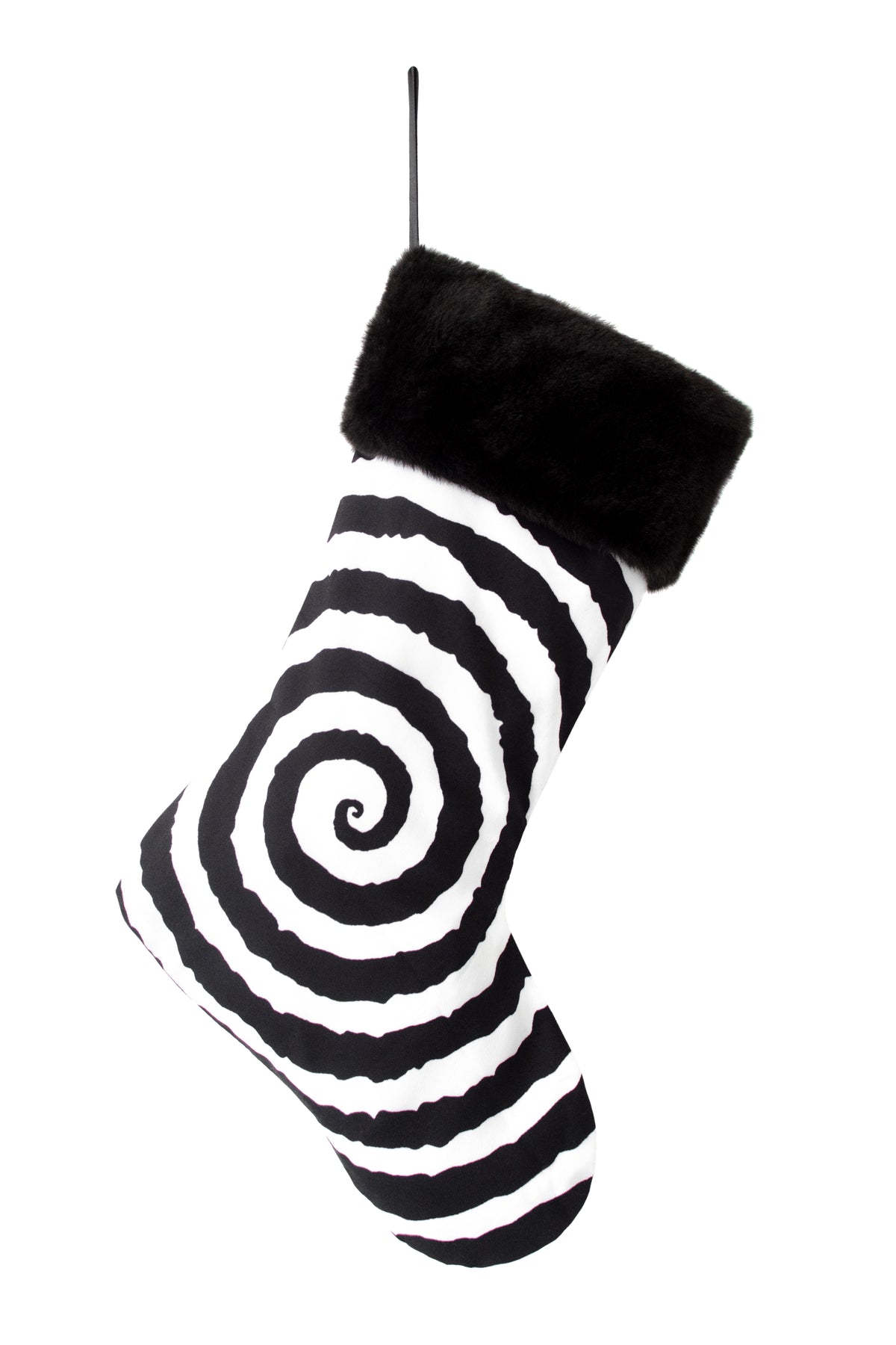 black and white spiral holiday stocking with faux fur trim