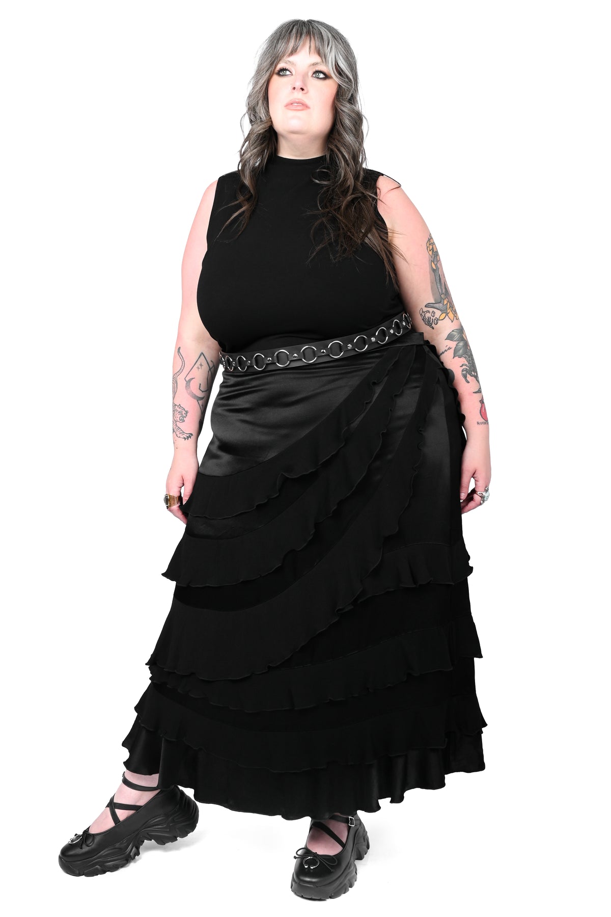 luxe maxi skirt made of a high quality satin and tiered viscose ruffles.