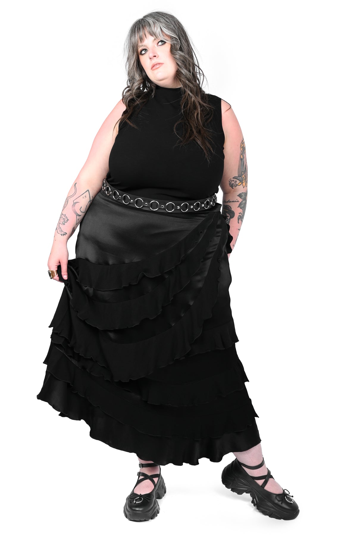 luxe maxi skirt made of a high quality satin and tiered viscose ruffles.