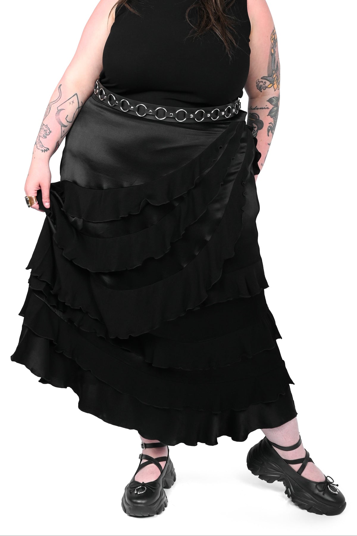 luxe maxi skirt made of a high quality satin and tiered viscose ruffles.