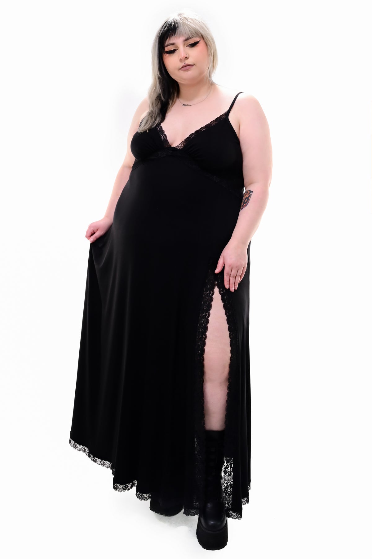 black maxi dress with side slit and adjustable straps