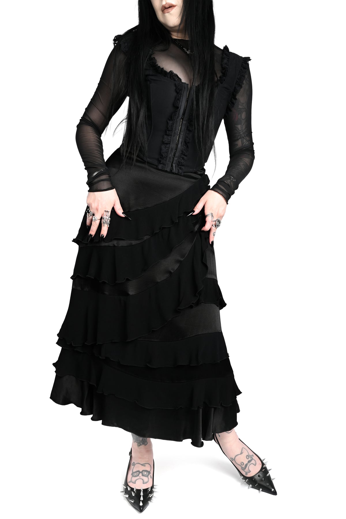 luxe maxi skirt made of a high quality satin and tiered viscose ruffles.