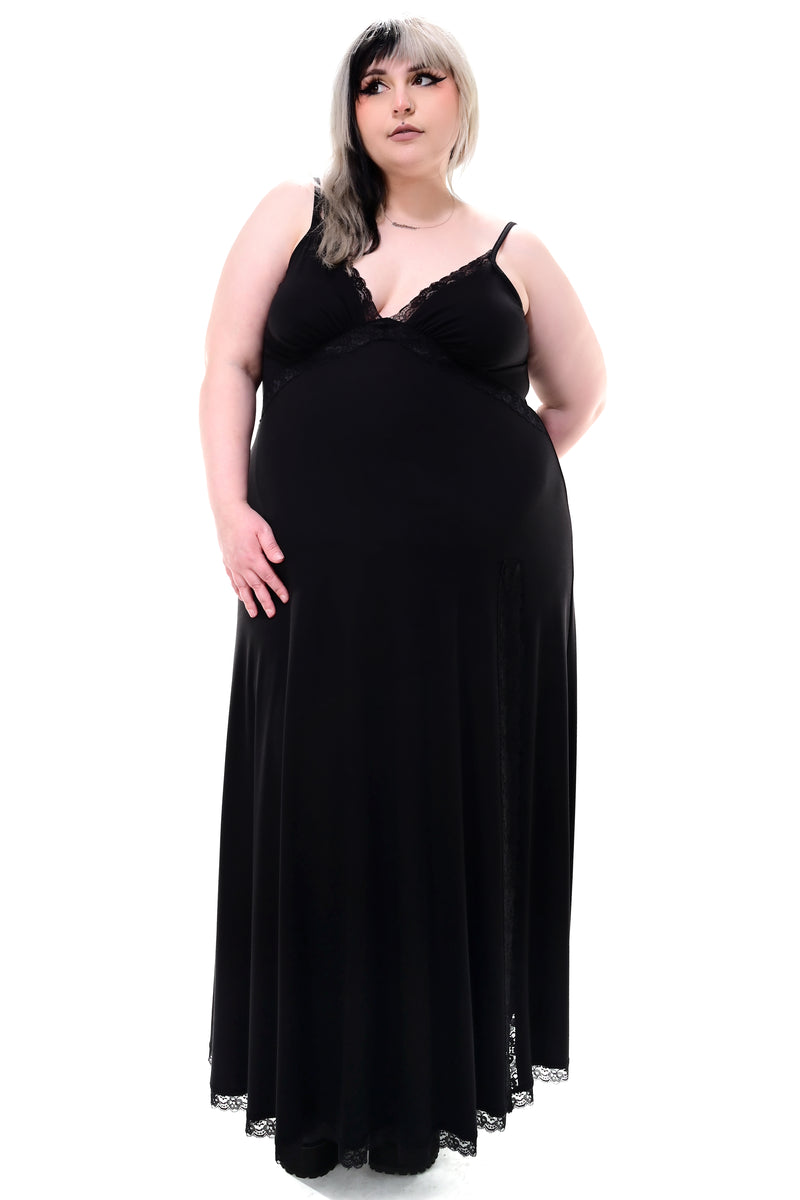 black maxi dress with side slit and adjustable straps