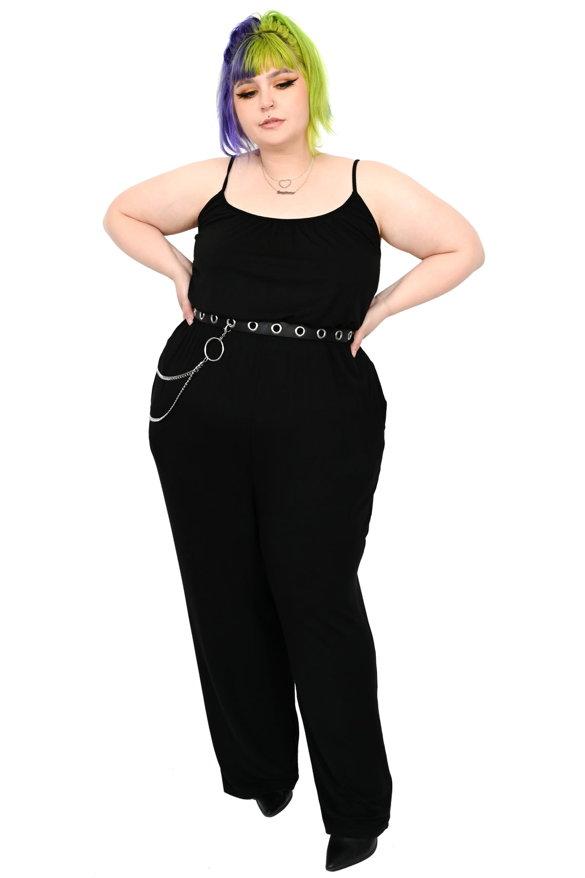 Wide leg scoop neck jumpsuit with pocket and elastic waist