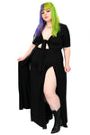 Fitted short sleeve dress with adjustable tie center front detail. Long skirt bottom with two sky high slits in the front. Shown here on a 2X model