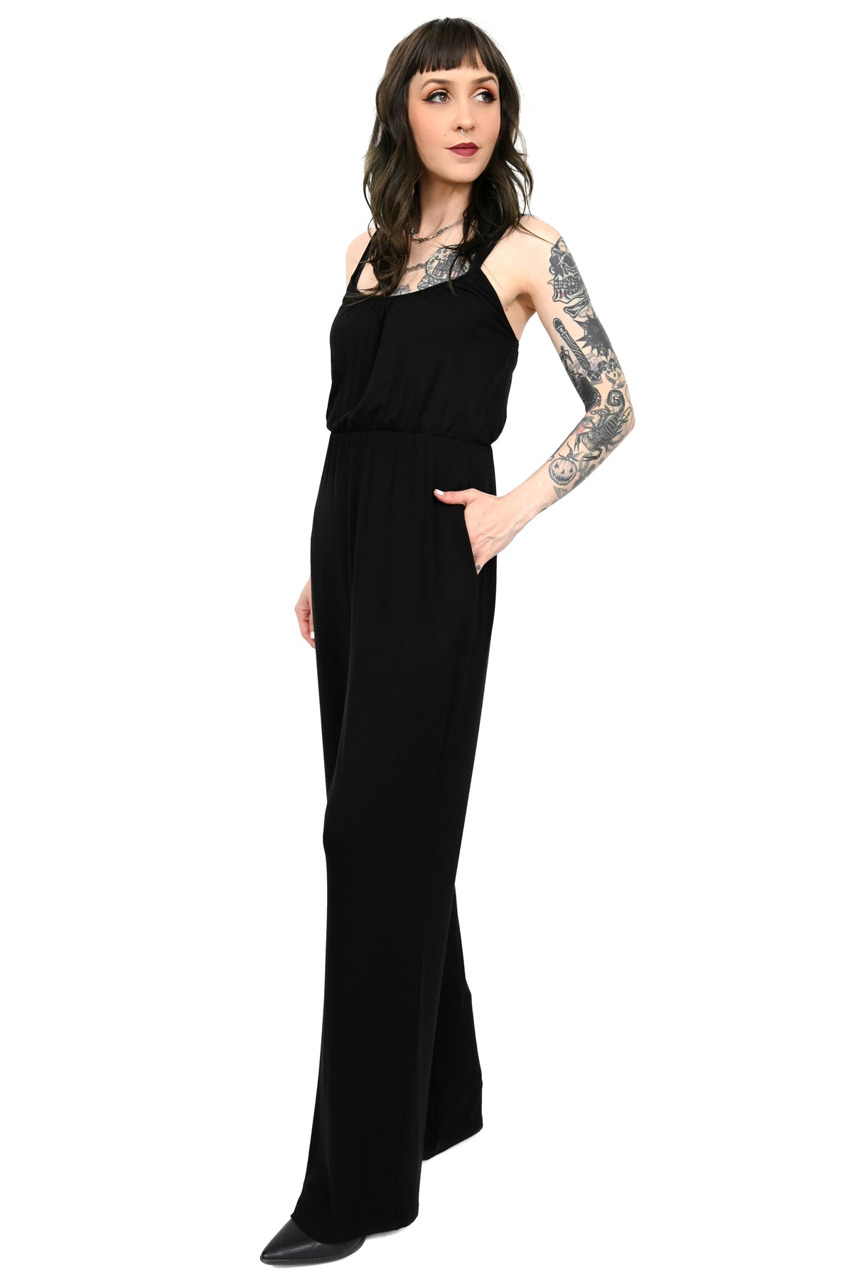 Wide leg scoop neck jumpsuit with pocket and elastic waist