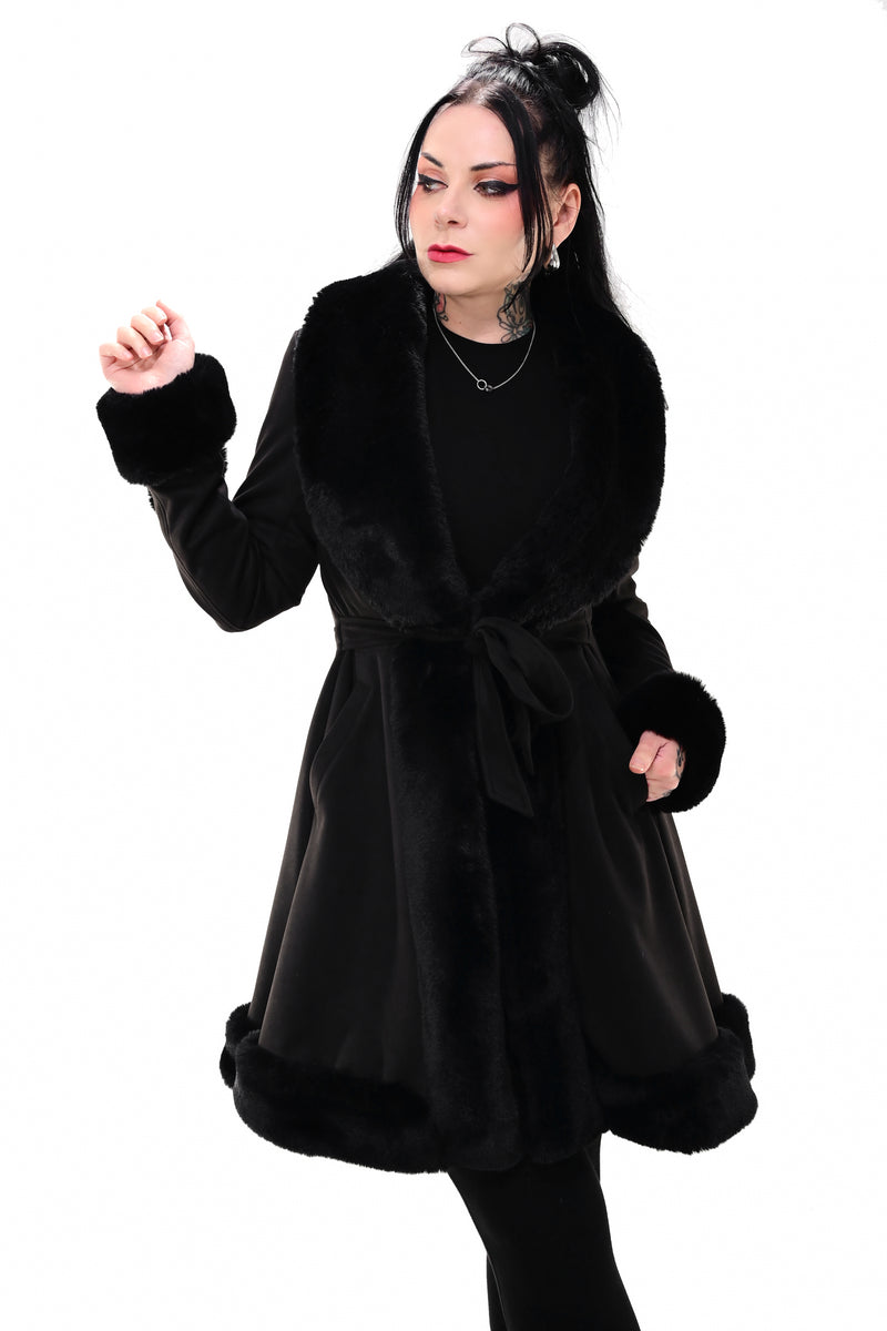 black faux suede coat with faux fur trim on the cuffs, lapel and bottom hem