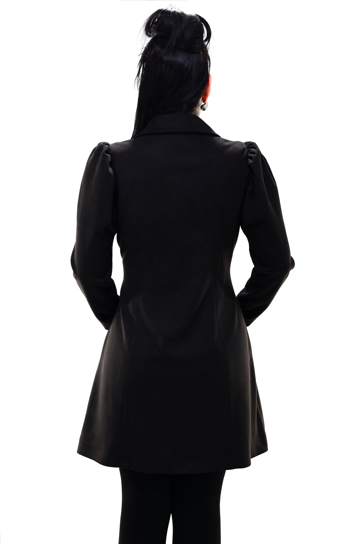 black faux suede button up coat with puff sleeves and collar