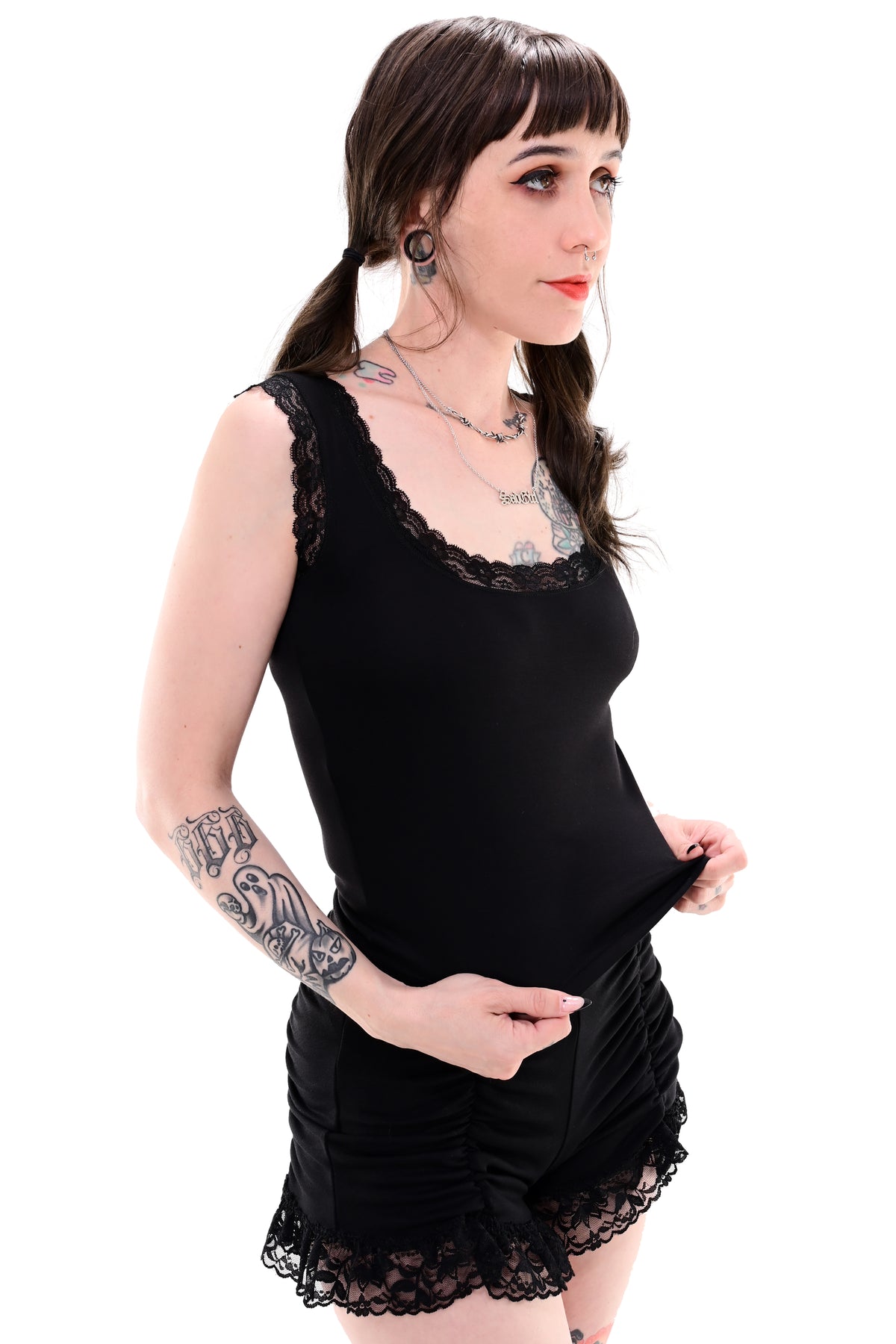 black sleeveless top with lace trim
