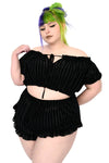 Made of a black mesh with back velvet stripes, can be worn on or off the shoulders.   The shorts are have an elastic waist and drawstring. Shorts designed with an ultra flattering shape and ruffle edge so add an extra soft detail. 