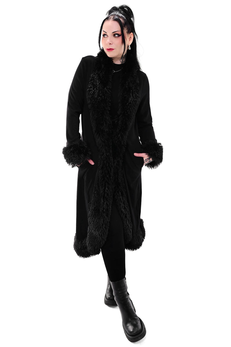 black duster jacket with black faux fur trim