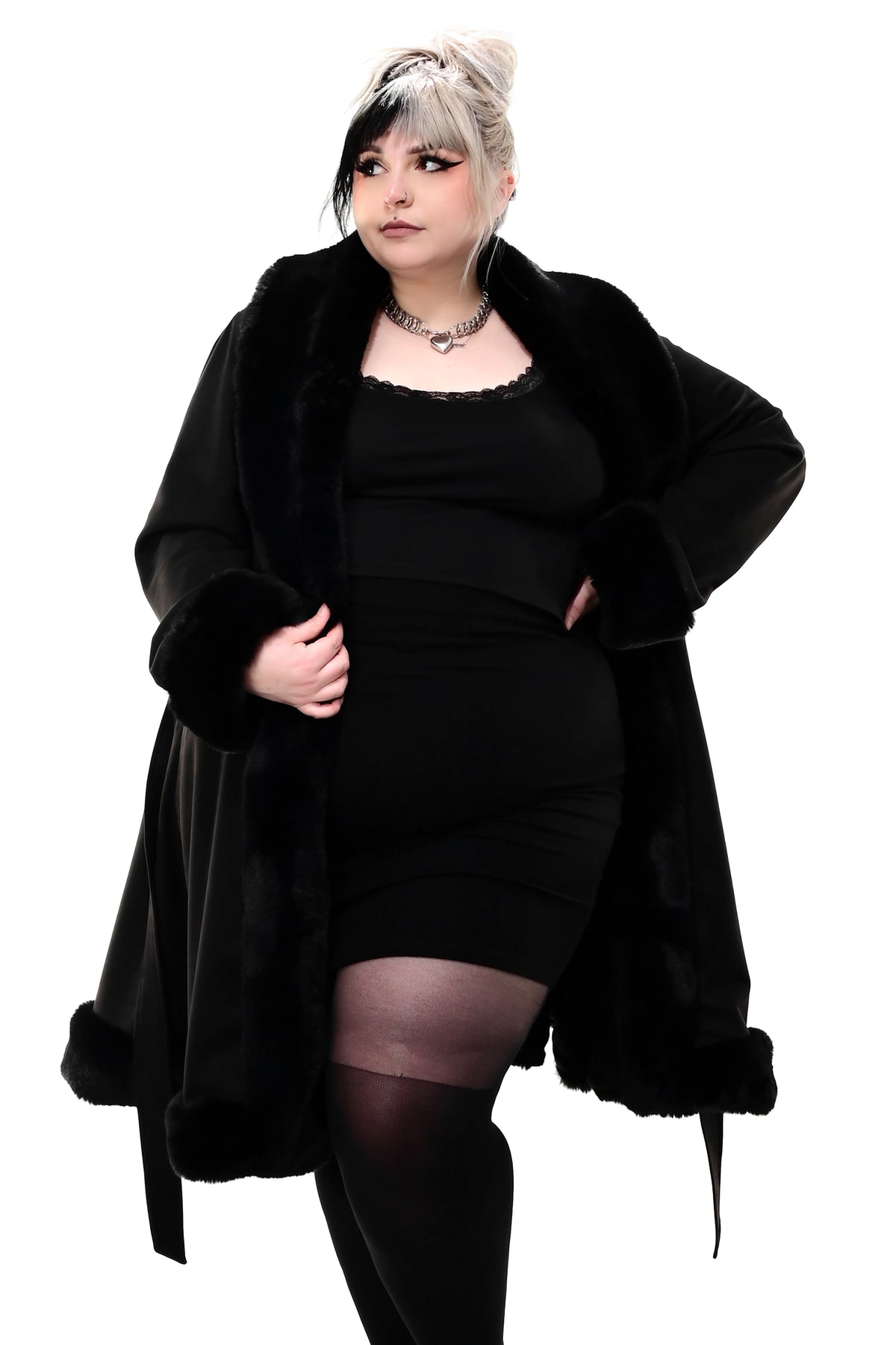 black faux suede coat with faux fur trim on the cuffs, lapel and bottom hem