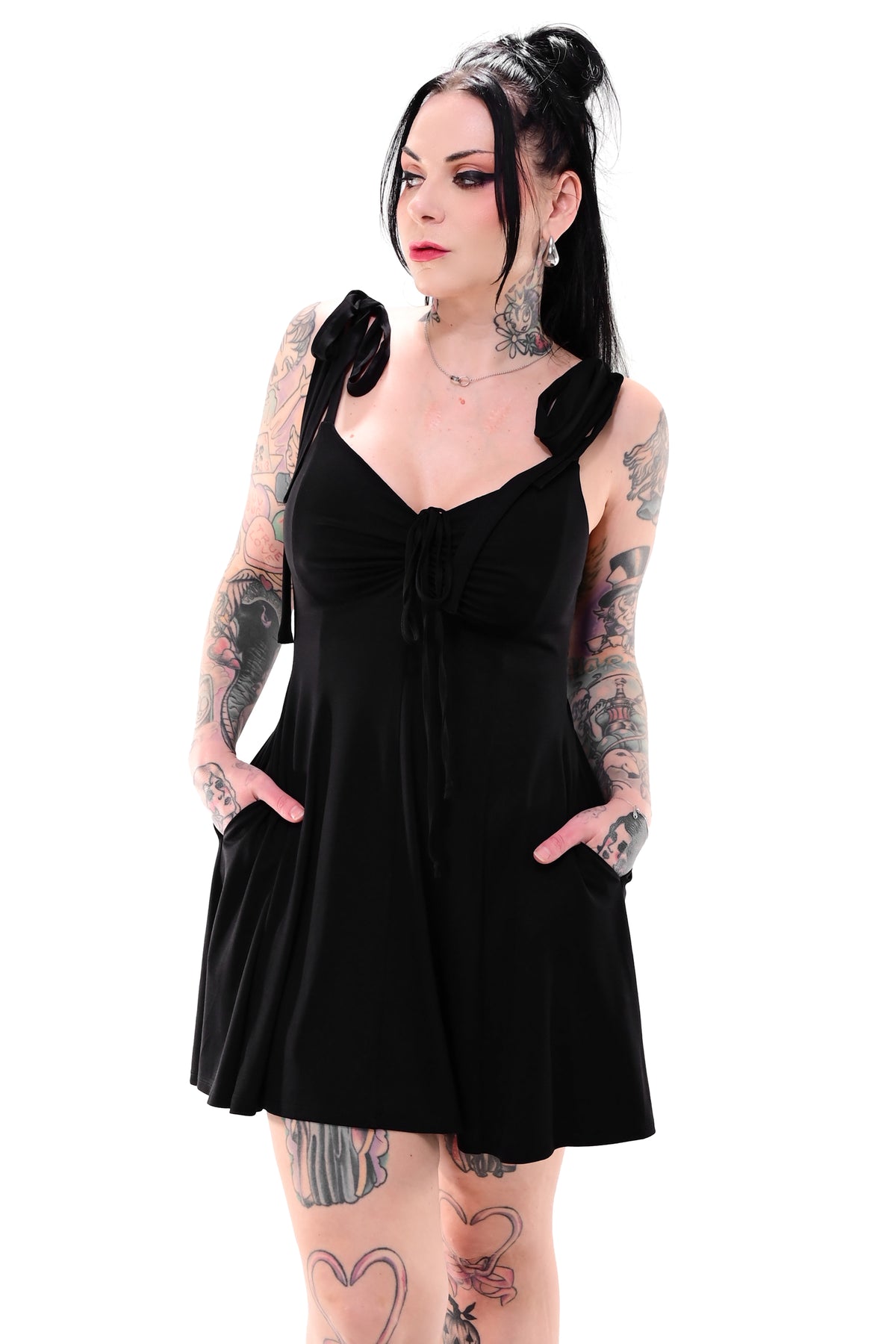 black skater dress with front ruching and adjustable tie straps