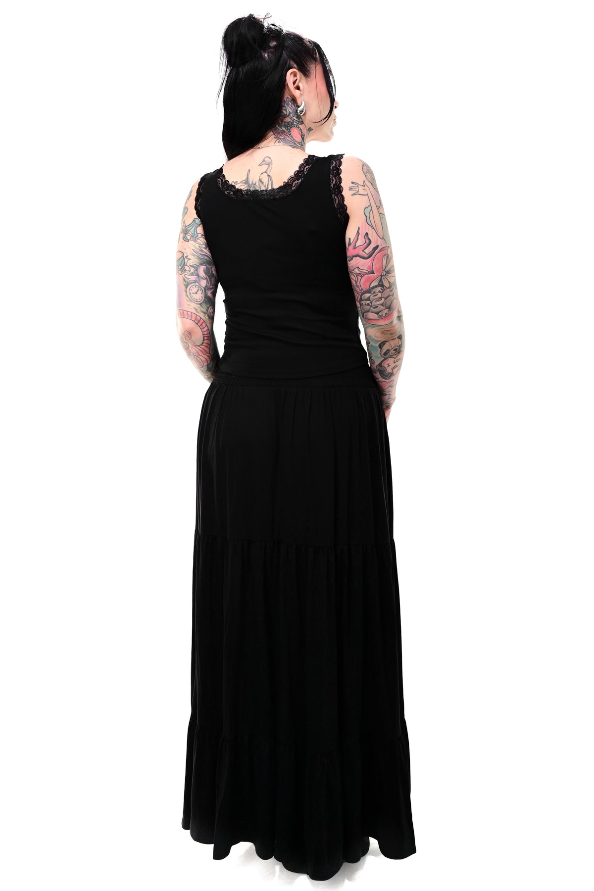 black tiered flowing maxi skirt with princess waist band and smocking on the back