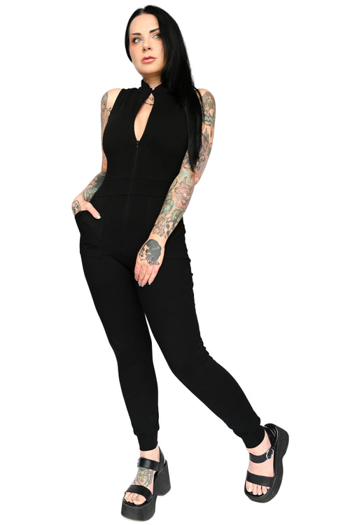 Stretchy black zipper jumpsuit Featuring a full length front invisible zipper to show as much or as little as you like.  Plus, pockets!