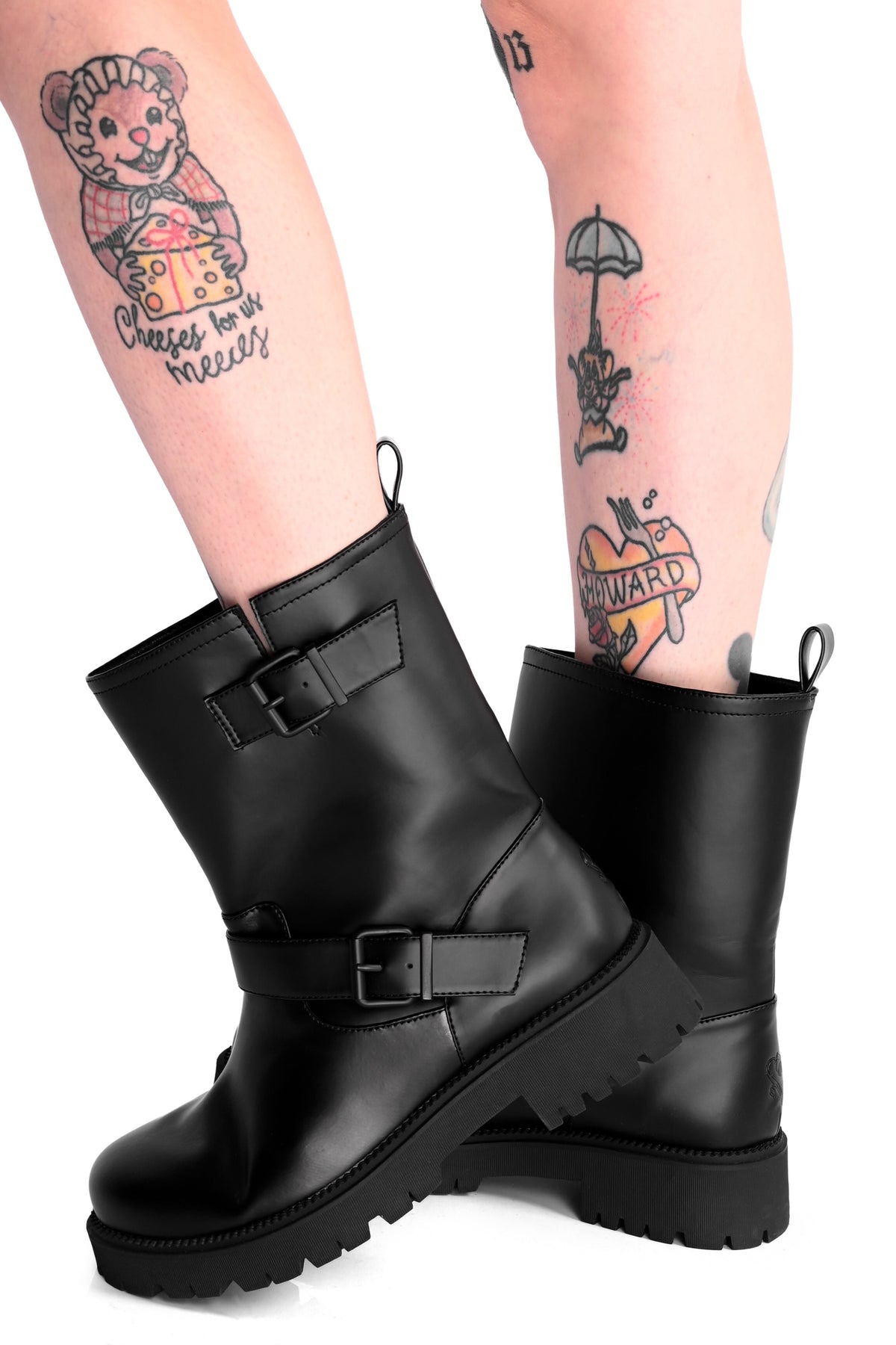 black rainboots with buckles and straps