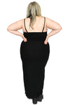 black maxi length dress with lace trim, spaghetti straps, and adjustable keyhole