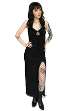 black maxi length dress with lace trim, spaghetti straps, and adjustable keyhole