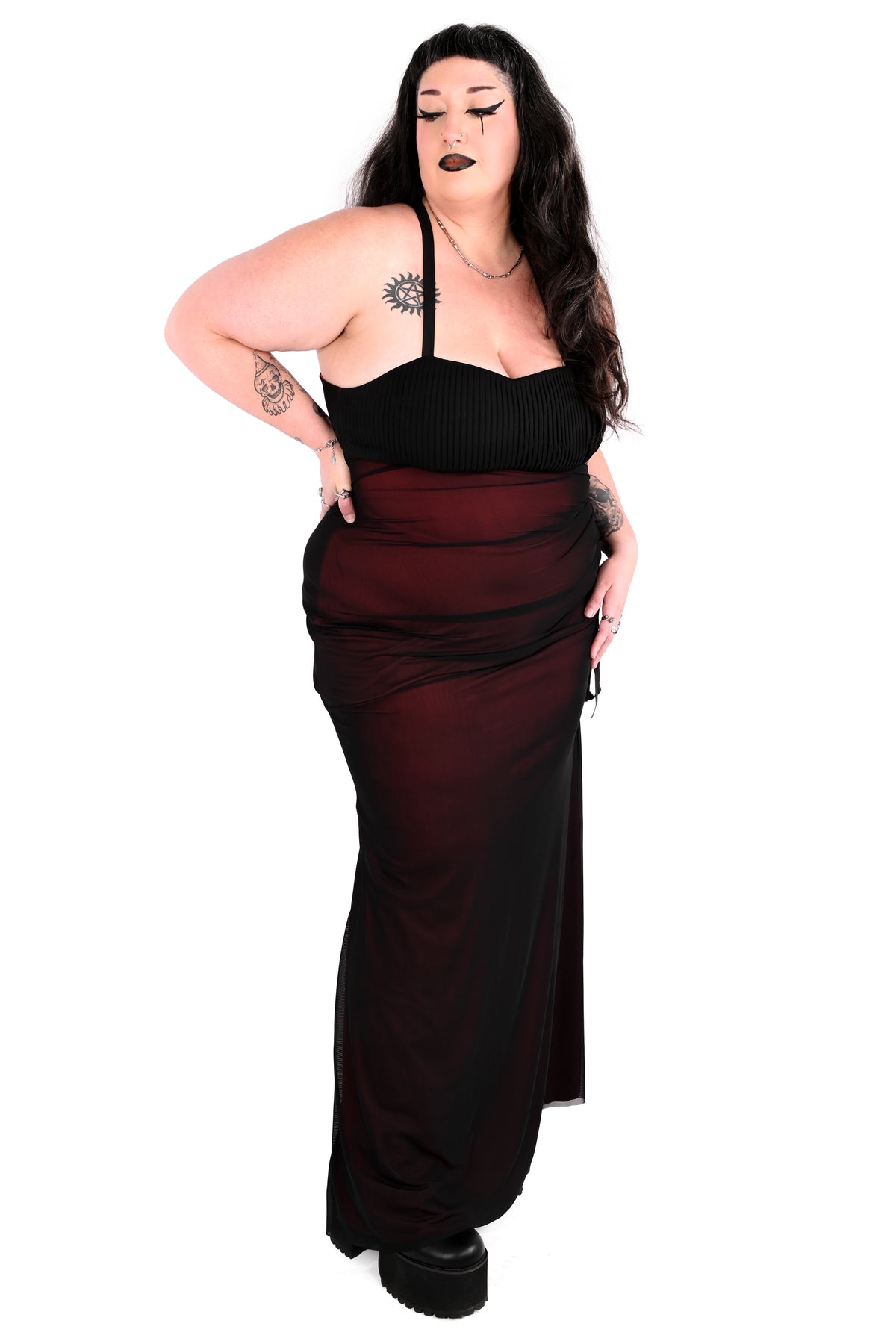 black and red gown with pleated bust and corseted back