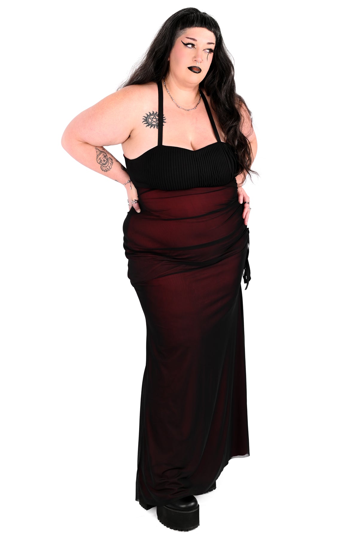 black and red gown with pleated bust and corseted back