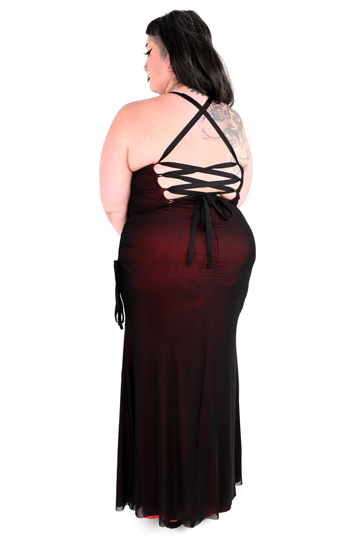 black and red gown with pleated bust and corseted back