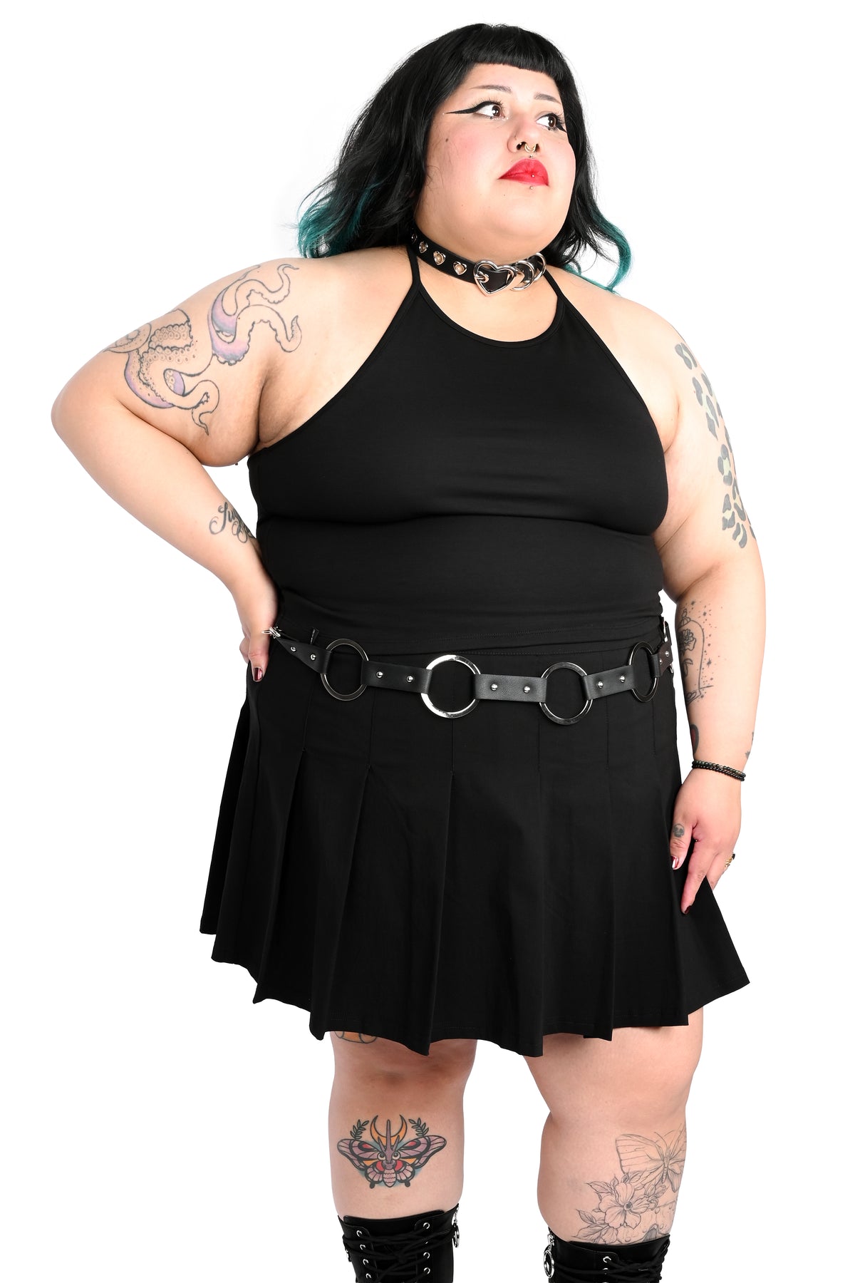 Black halter top with adjustable halter tie.