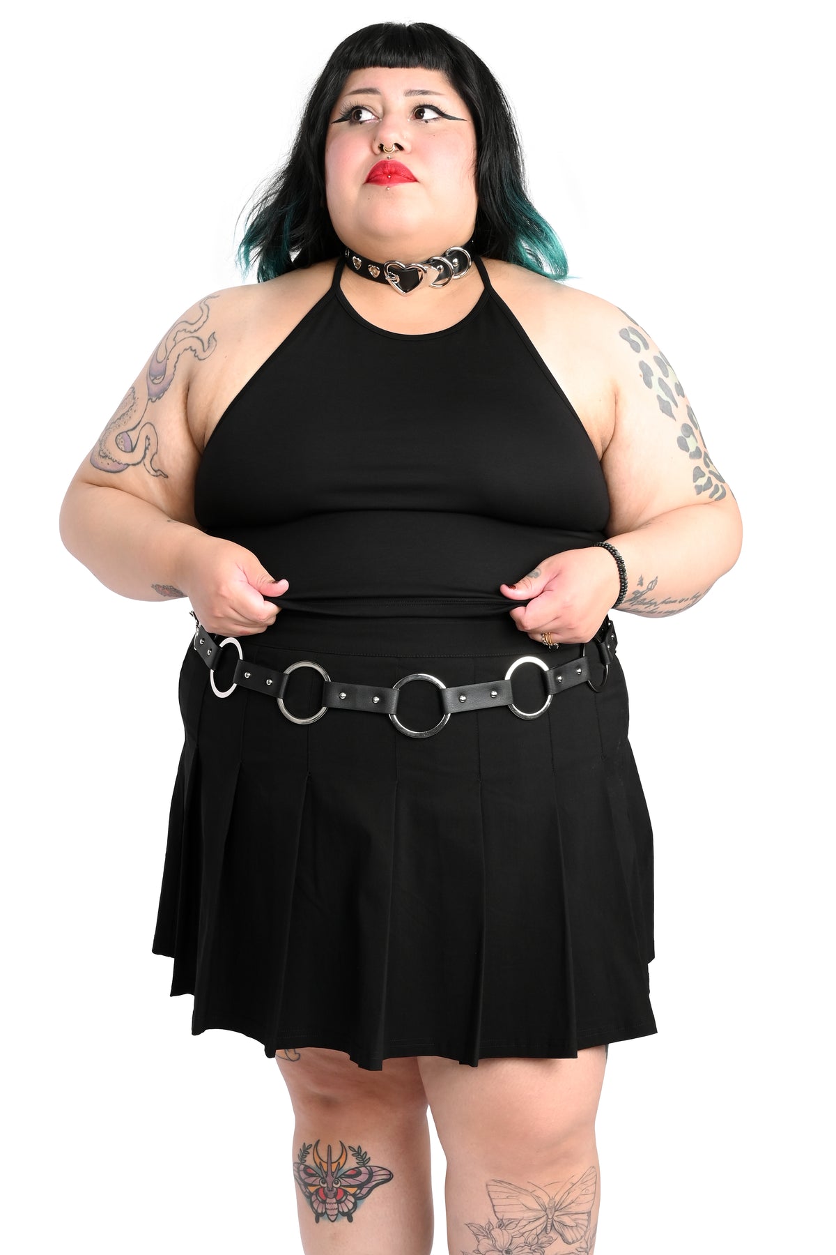 Black halter top with adjustable halter tie.