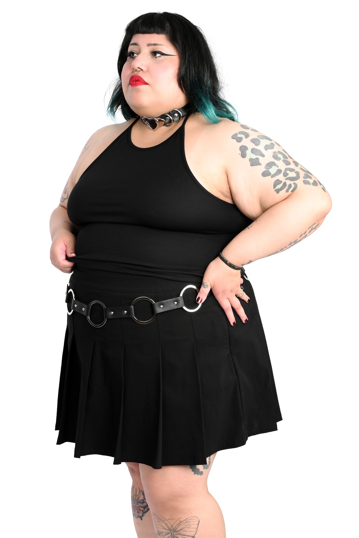 Black halter top with adjustable halter tie.