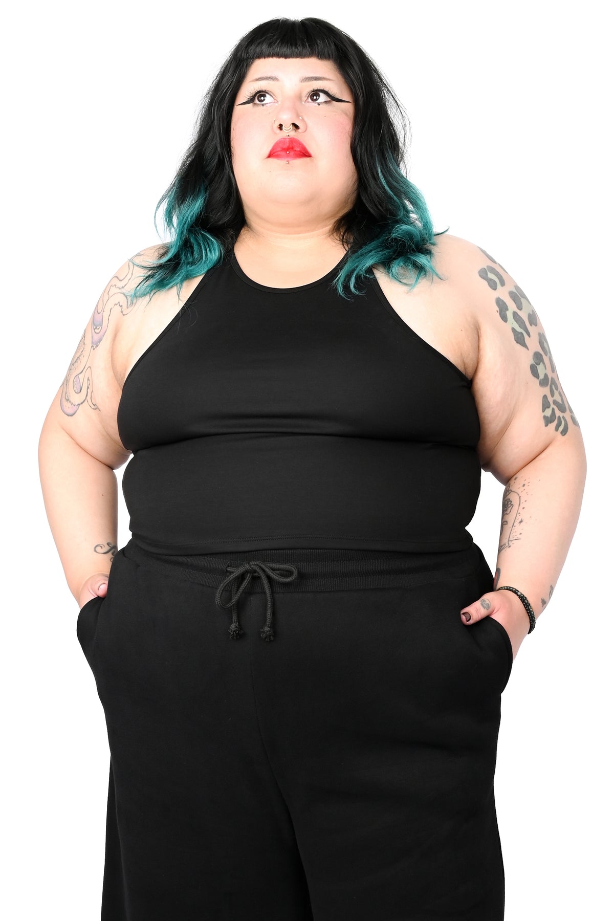 Black halter top with adjustable halter tie.