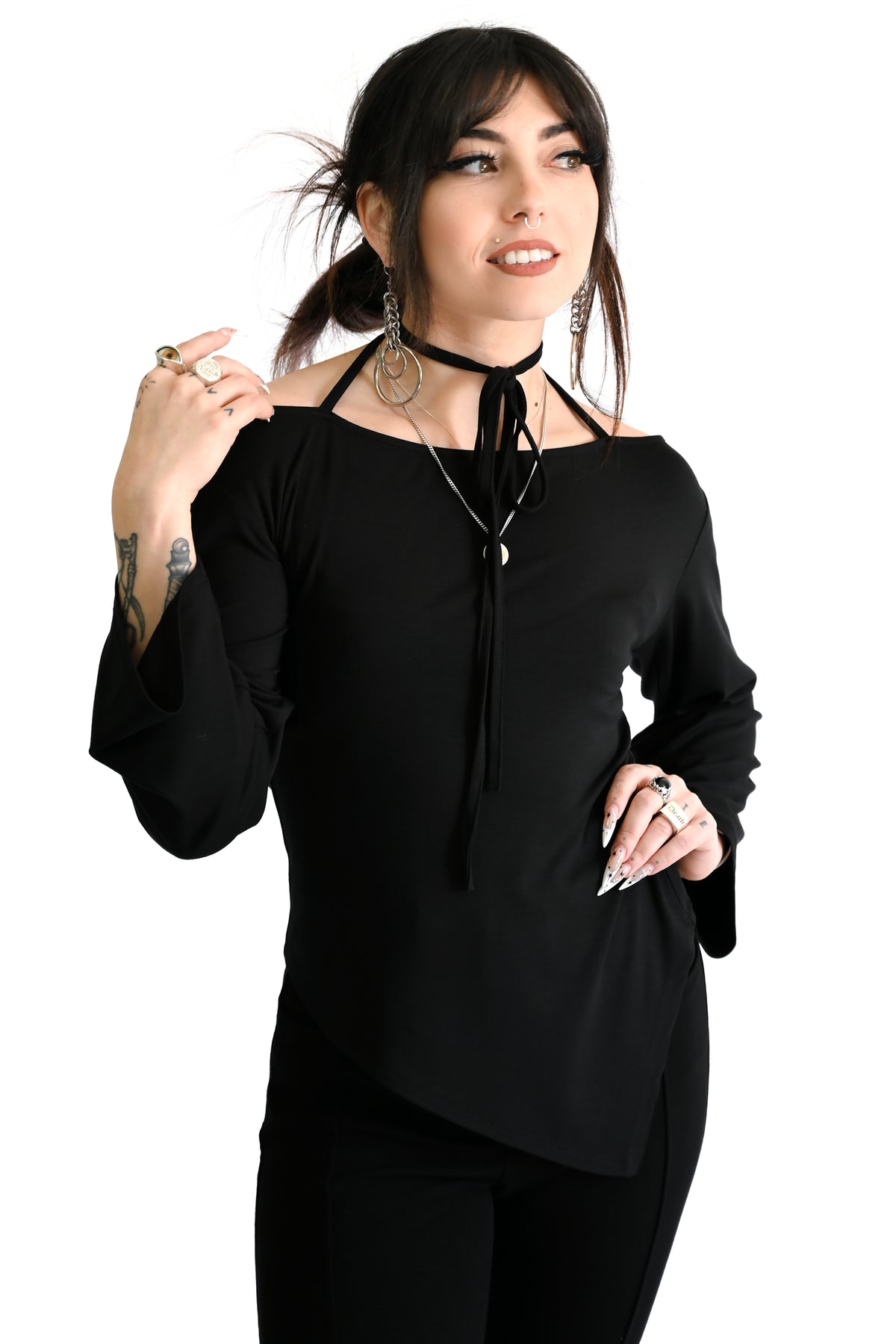 black asymmetrical top with adjustable tie neckline and long sleeves
