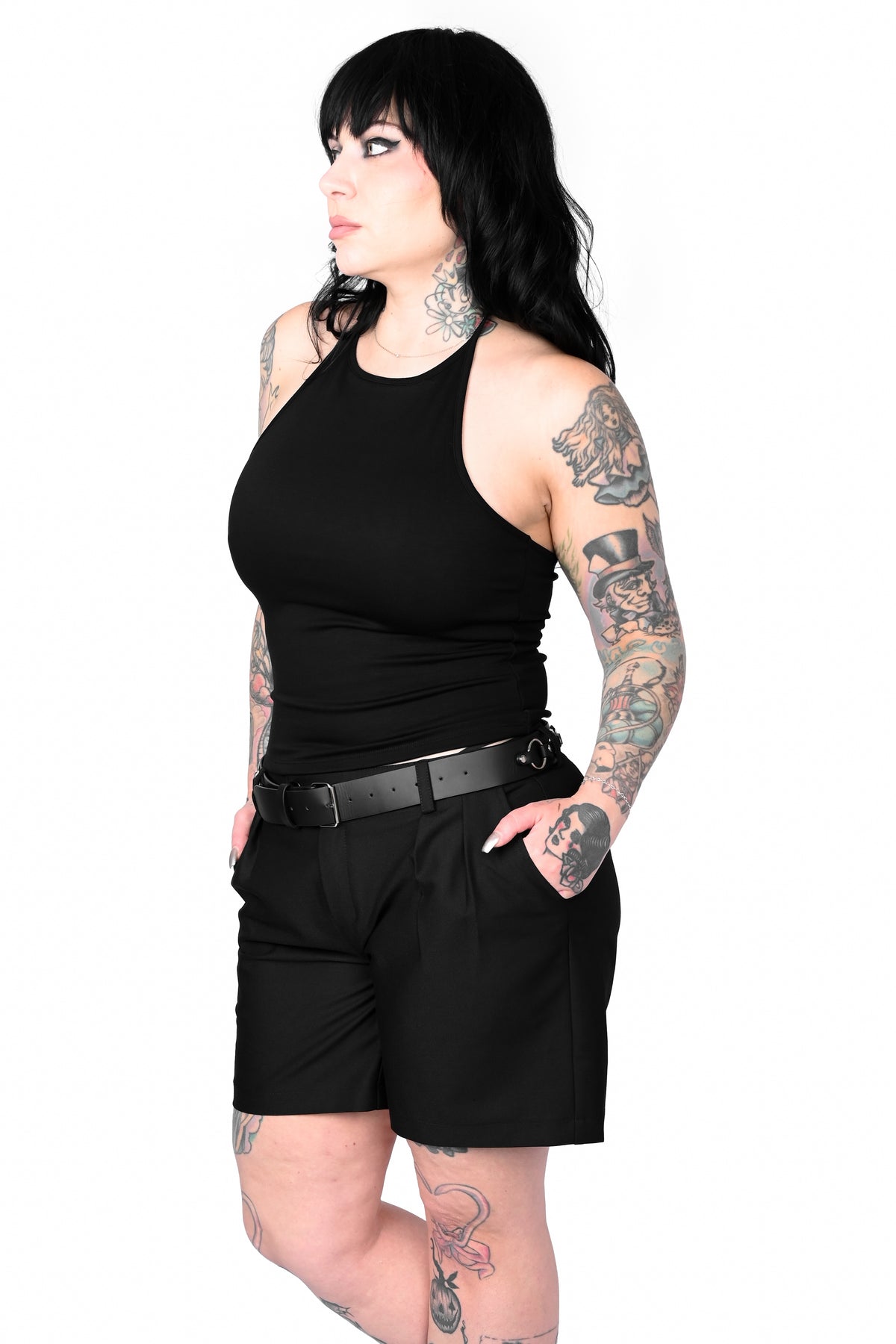 Black halter top with adjustable halter tie.