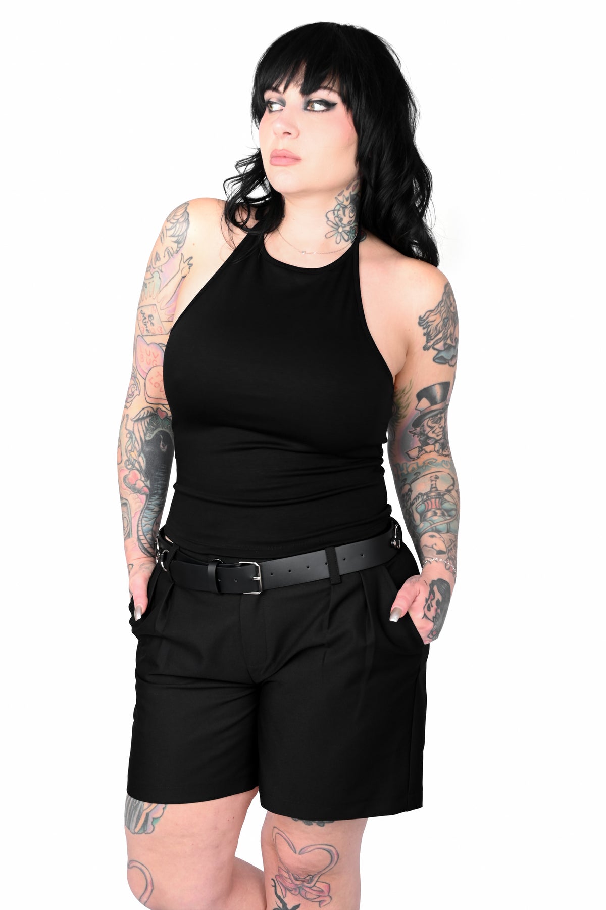 Black halter top with adjustable halter tie.