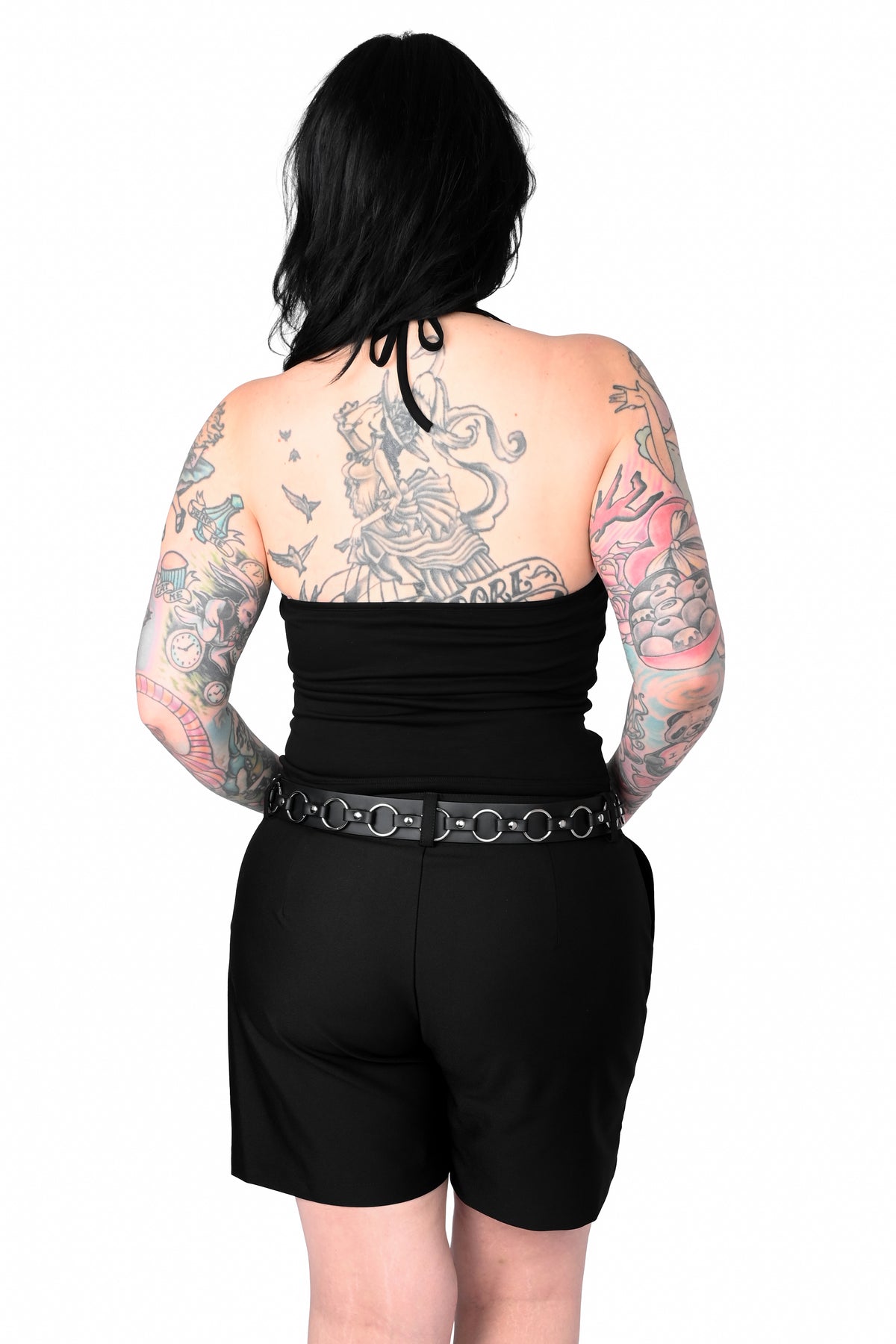 Black halter top with adjustable halter tie.