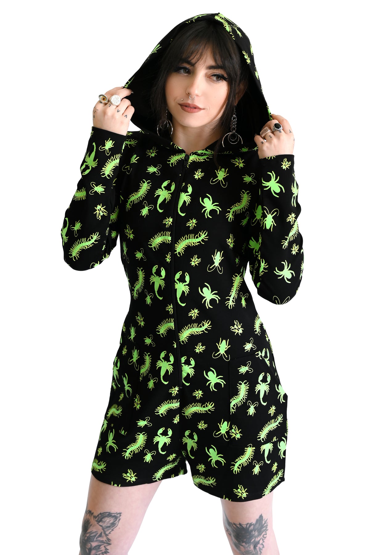 black long sleeve roper with green glow in the dark bugs print, zip up front and a hood