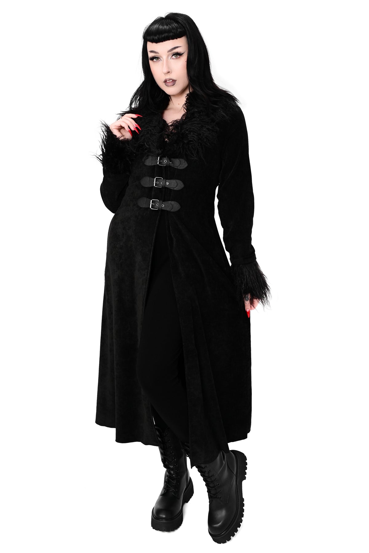 black long sleeve chenille duster with faux fur trim and 3 vegan leather buckles across the front