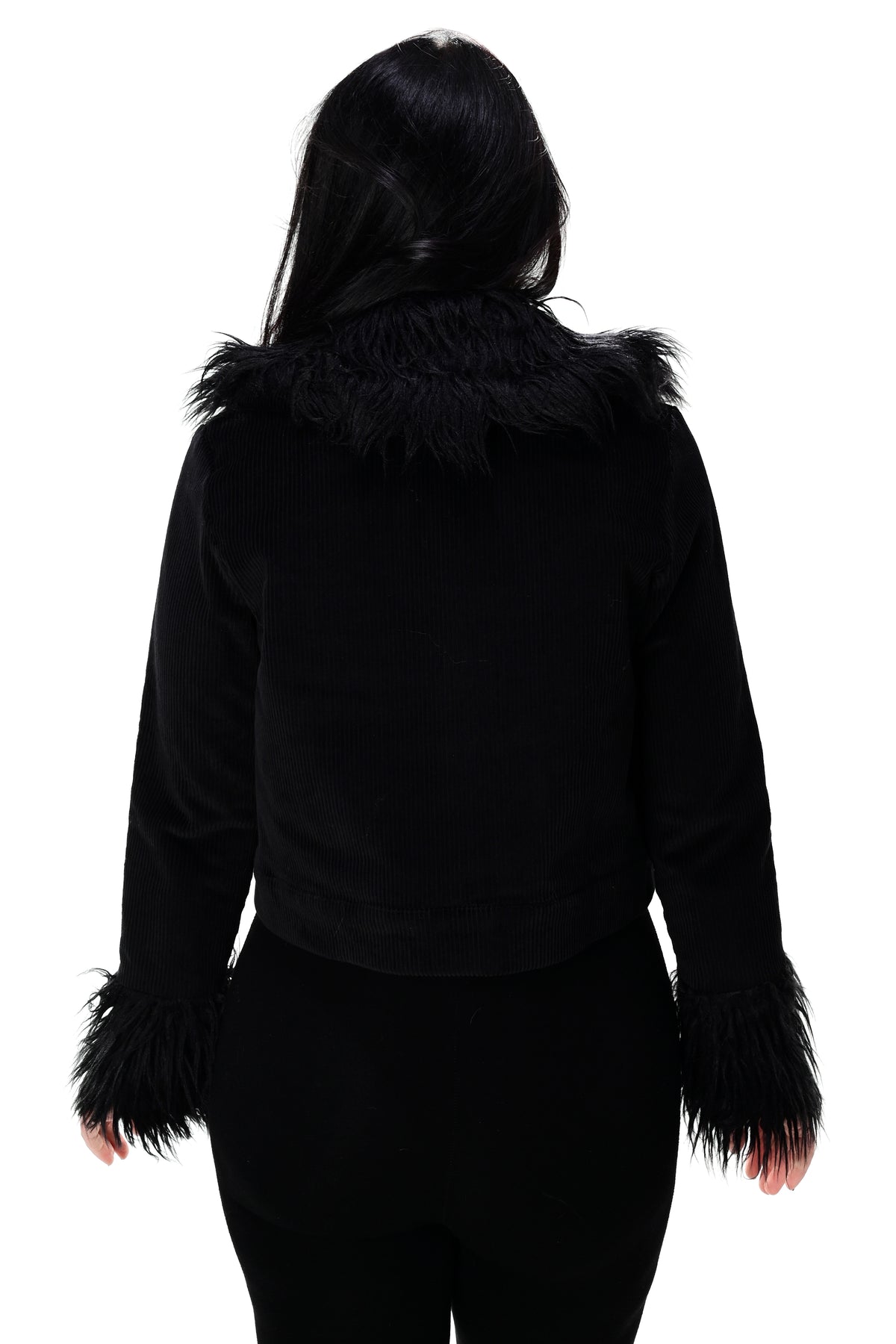 black corduroy button up jacket with black shaggy faux fur on the collar and cuffs